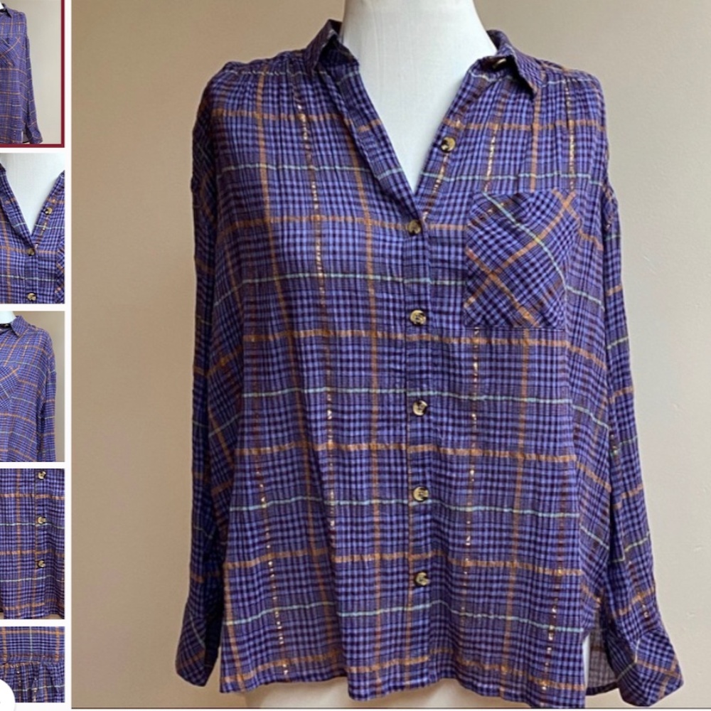 NWT*Free People Break My Stride"Violet Plaid Lightweight Shirt/Blouse MSRP $118